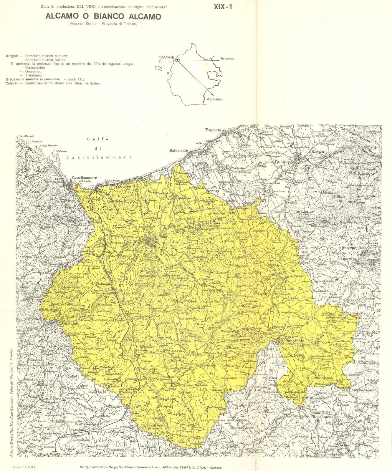 Italy wine. Alcamo o Bianco Alcamo DOC. Sicilia. Trapani 1976 old vintage map